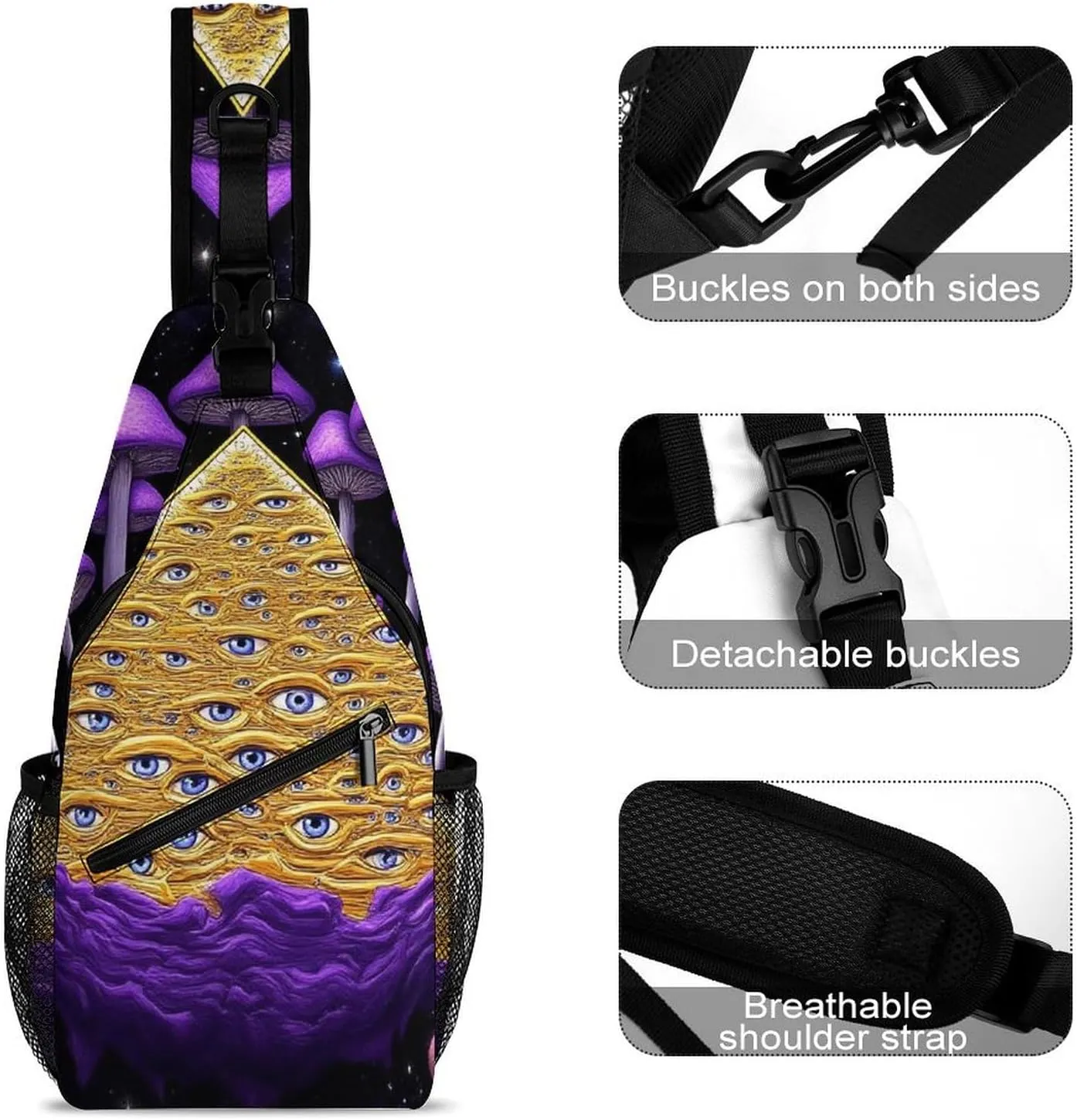 Casual Sling Backpack, Backpacking, Trippy Magic Mushrooms Universe Art Shoulder Chest Crossbody Bag, Camera Case, Casual Carrying Tote Case Crossbody Travel Bag for Men Women