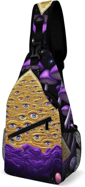 Casual Sling Backpack, Backpacking, Trippy Magic Mushrooms Universe Art Shoulder Chest Crossbody Bag, Camera Case, Casual Carrying Tote Case Crossbody Travel Bag for Men Women