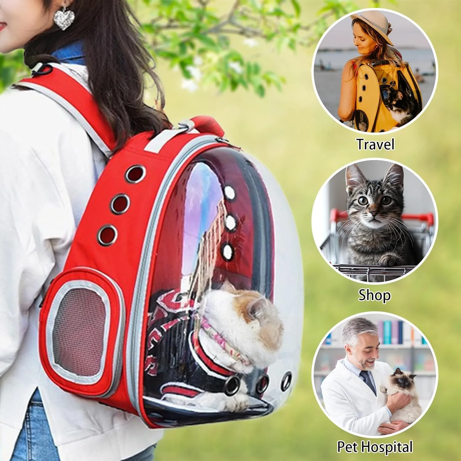 Cat Backpack Carrier Bubble Bag, Transparent Space Capsule Pet Carrier Dog Hiking Backpack, Small Dog Backpack Carrier for Cats Puppies Airline Approved Travel Carrier Outdoor Use Red