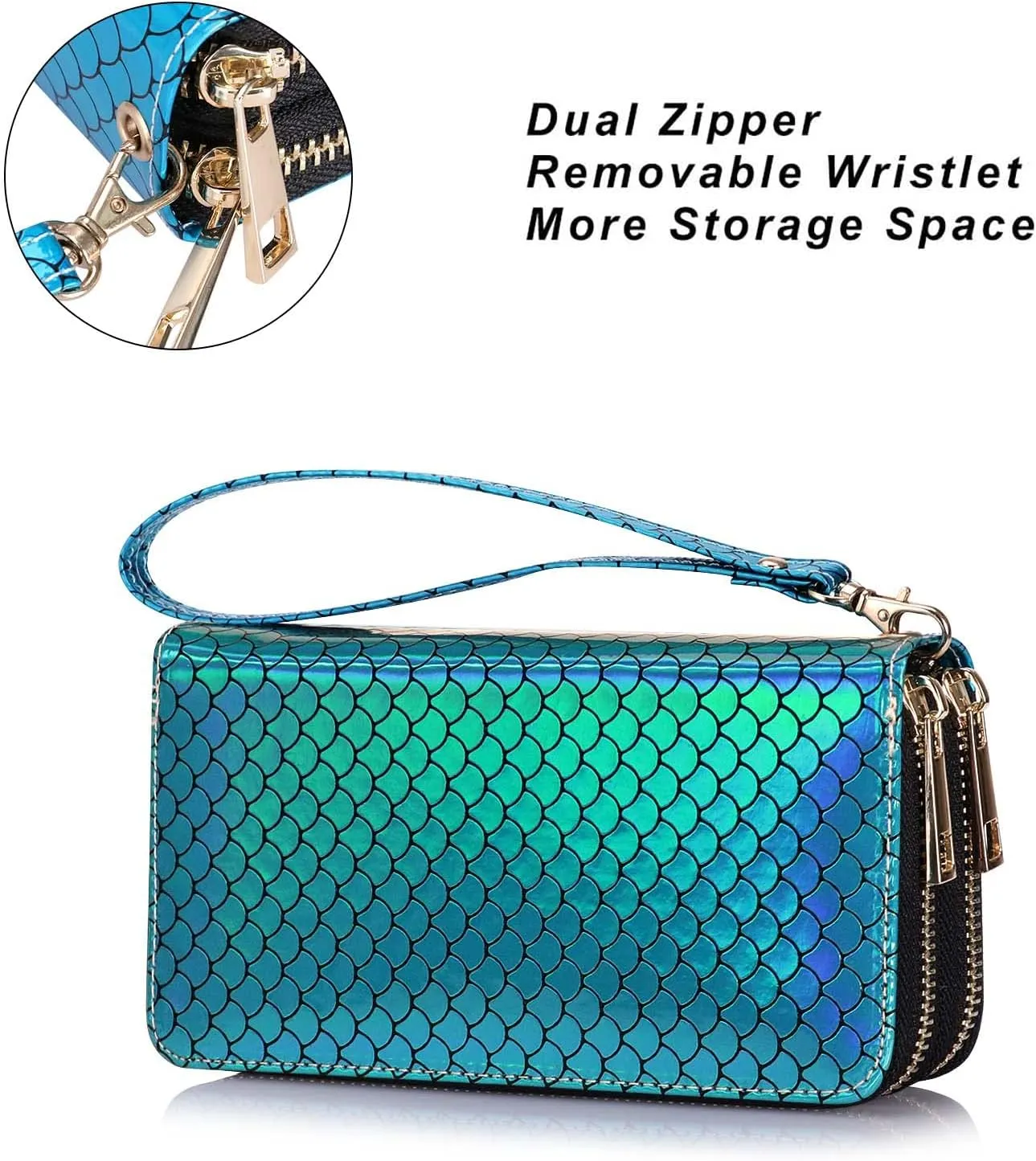 Cellphone Wallet for Women Dual Zipper Long Purse with Removable Wristlet