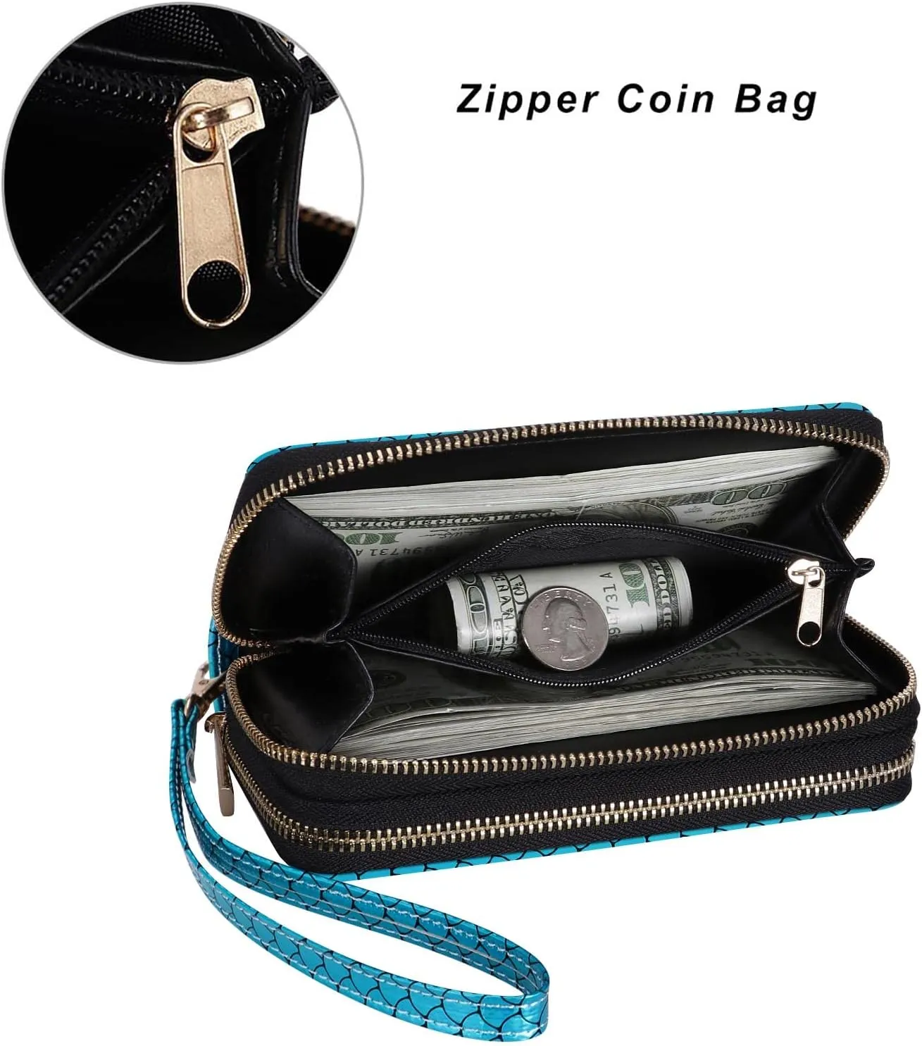 Cellphone Wallet for Women Dual Zipper Long Purse with Removable Wristlet
