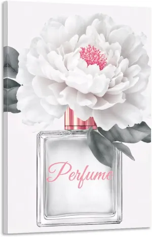 CGXLB Canvas Wall Art Glam Perfume Pictures Wall Decor Pictures of Bottles of Perfume Flower Painting for Bedroom, Women Living Room Posters Golden Artwork Framed for Beauty Salon Pink 12"x18"