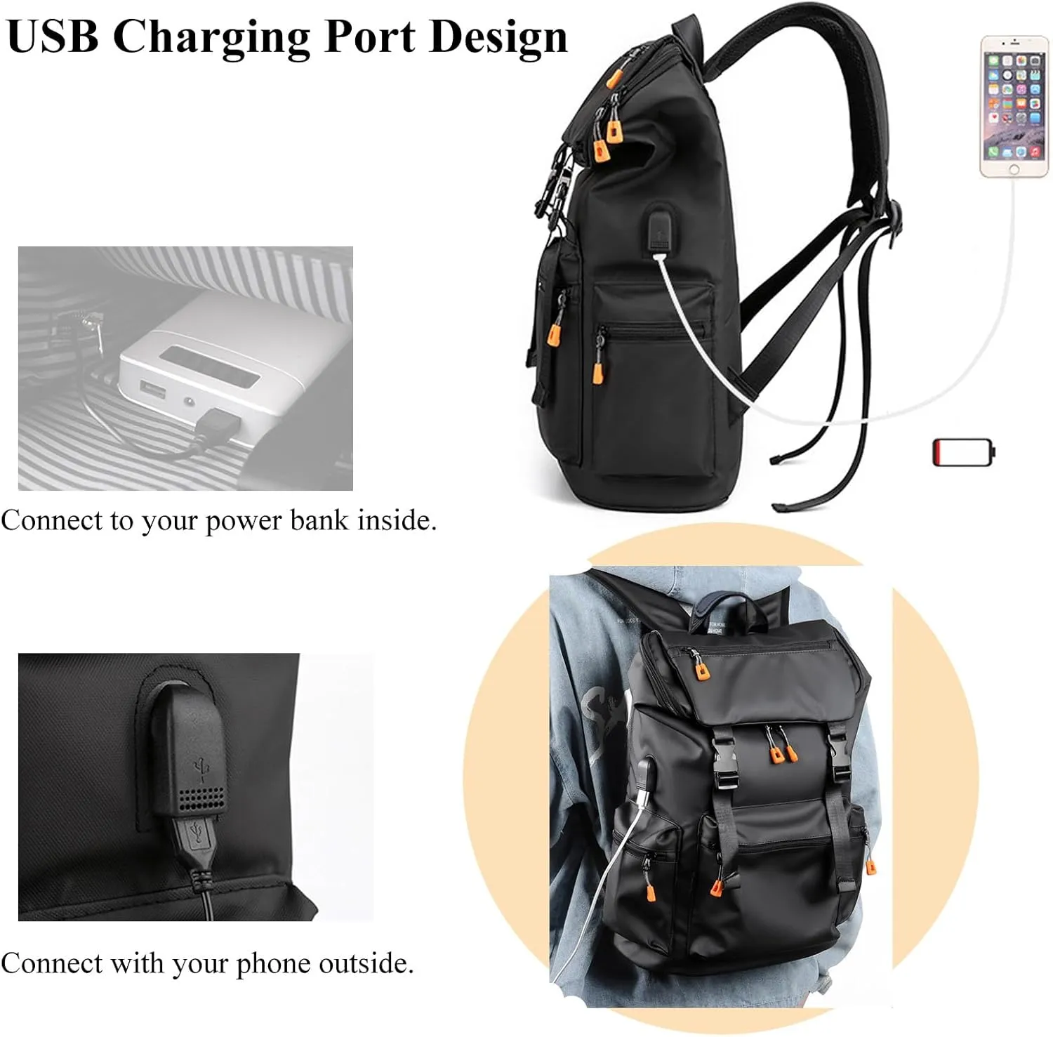 CHAO RAN Travel Backpack for Men Women - Black Large Waterproof Flap Casual Day Bag for Commute, College, Business. (Black-1)