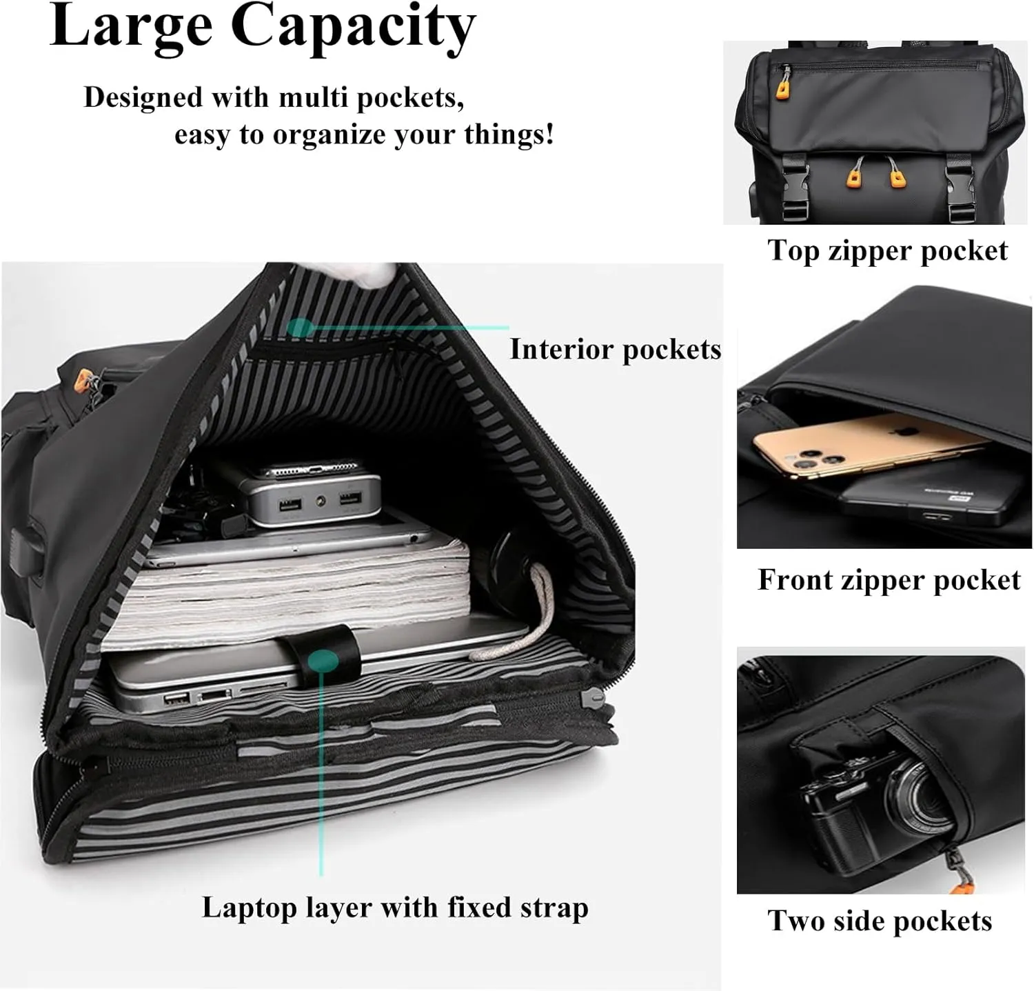 CHAO RAN Travel Backpack for Men Women - Black Large Waterproof Flap Casual Day Bag for Commute, College, Business. (Black-1)