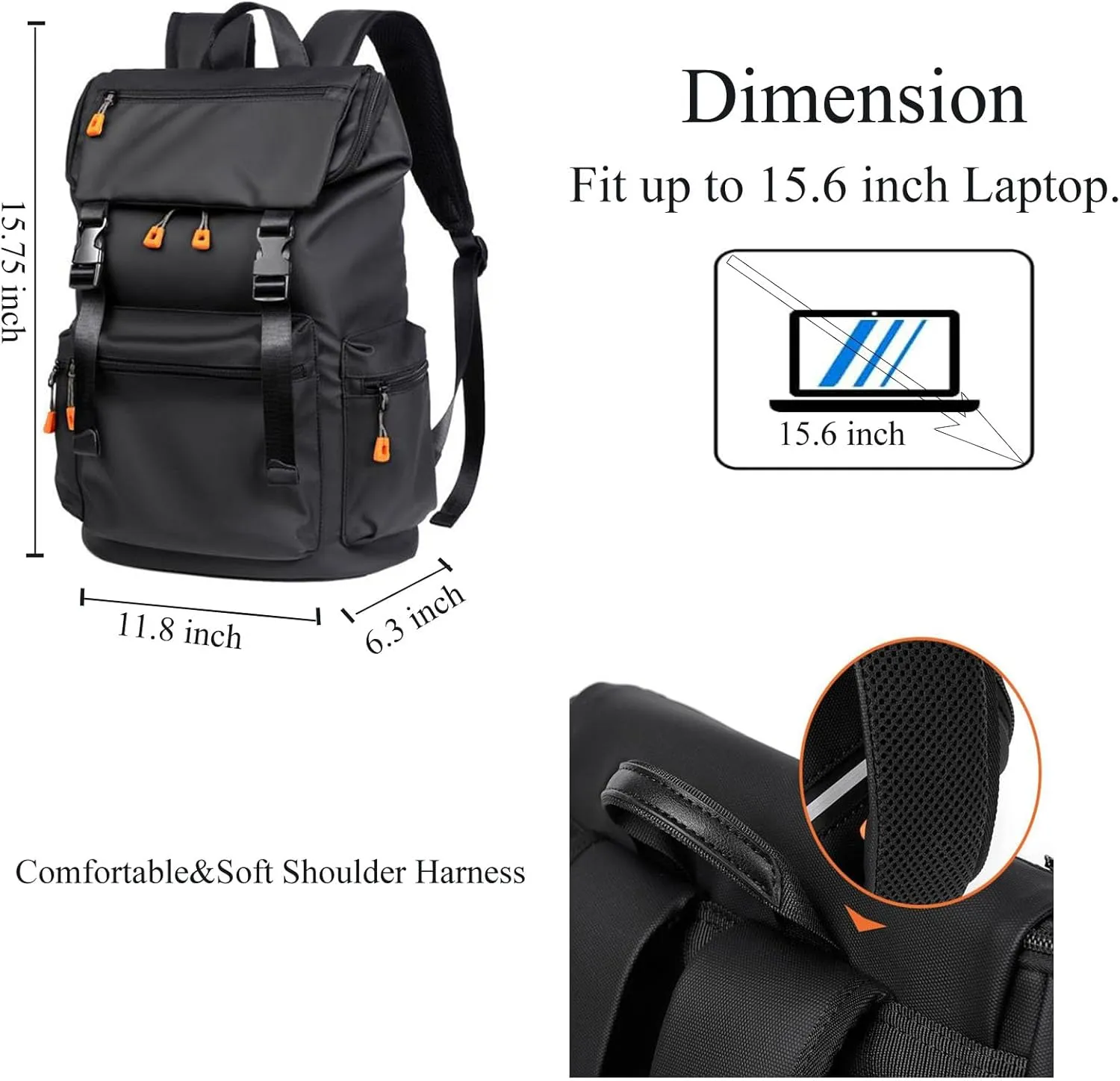 CHAO RAN Travel Backpack for Men Women - Black Large Waterproof Flap Casual Day Bag for Commute, College, Business. (Black-1)