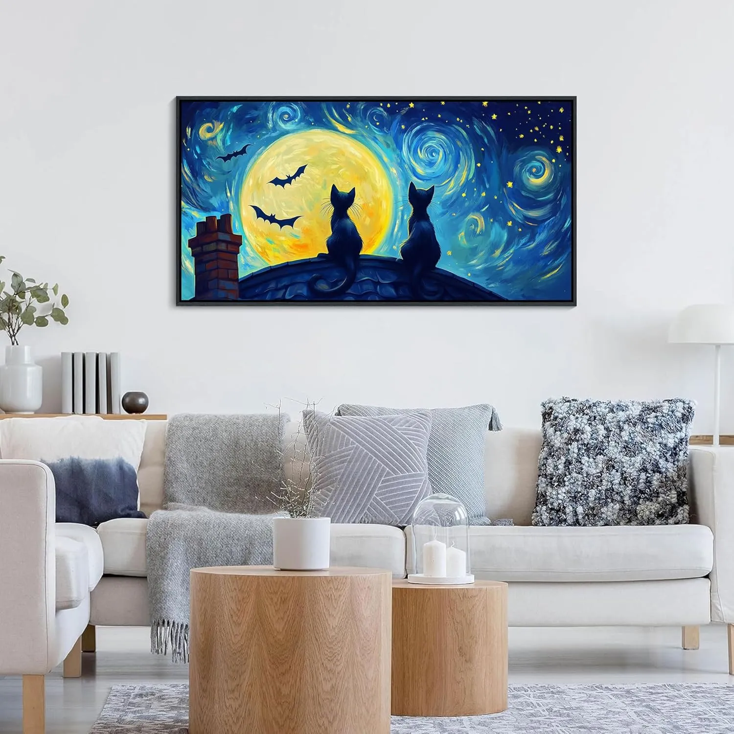 CHATYOUNG Canvas Wall Art Bedroom, Blue Starry Sky Black Cat Framed Painting Yellow Moon Bat Abstract Landscape Pictures Artwork for Bathroom Living Room Kitchen Office Decor 20X40 IN