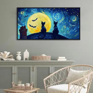 CHATYOUNG Canvas Wall Art Bedroom, Blue Starry Sky Black Cat Framed Painting Yellow Moon Bat Abstract Landscape Pictures Artwork for Bathroom Living Room Kitchen Office Decor 20X40 IN