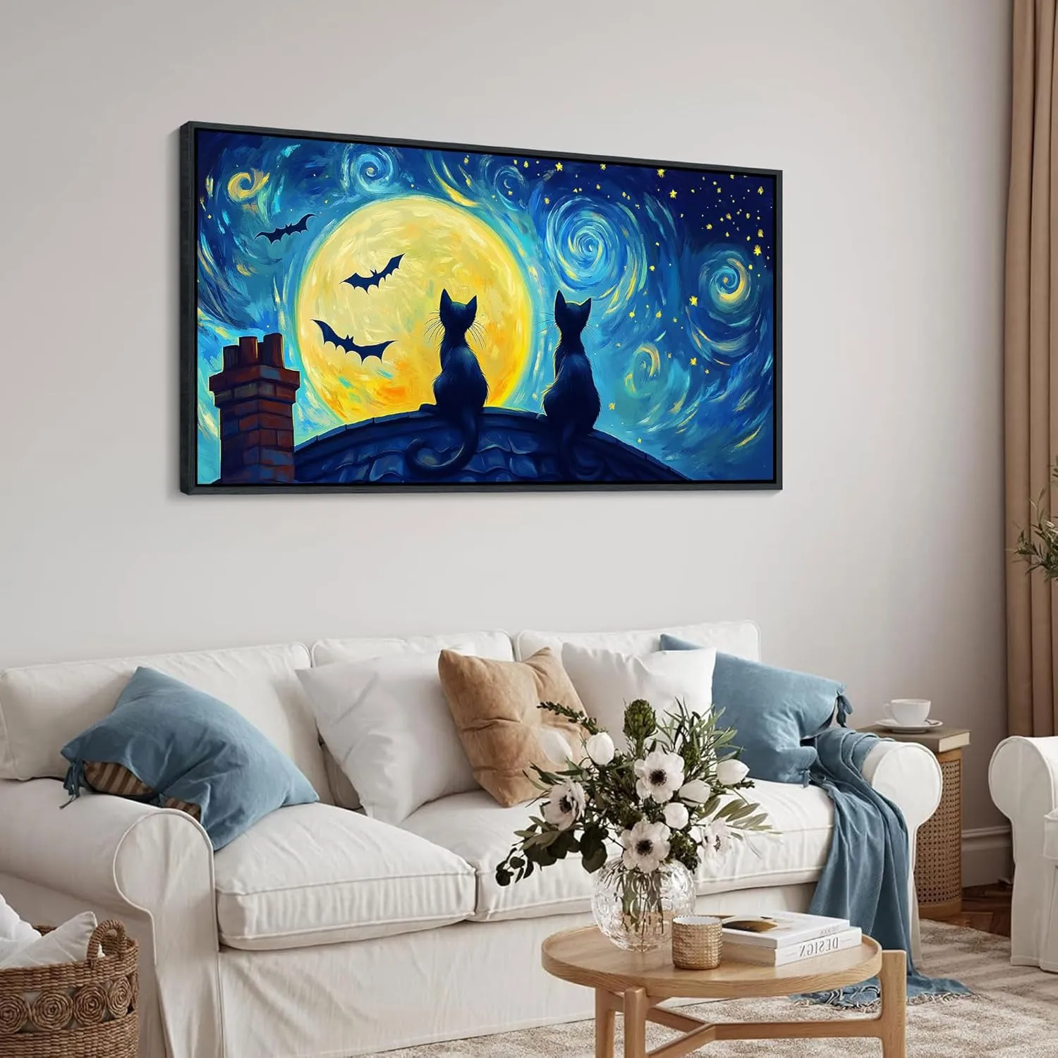 CHATYOUNG Canvas Wall Art Bedroom, Blue Starry Sky Black Cat Framed Painting Yellow Moon Bat Abstract Landscape Pictures Artwork for Bathroom Living Room Kitchen Office Decor 20X40 IN