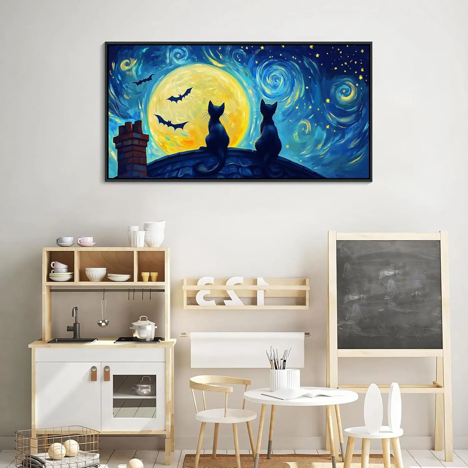 CHATYOUNG Canvas Wall Art Bedroom, Blue Starry Sky Black Cat Framed Painting Yellow Moon Bat Abstract Landscape Pictures Artwork for Bathroom Living Room Kitchen Office Decor 20X40 IN