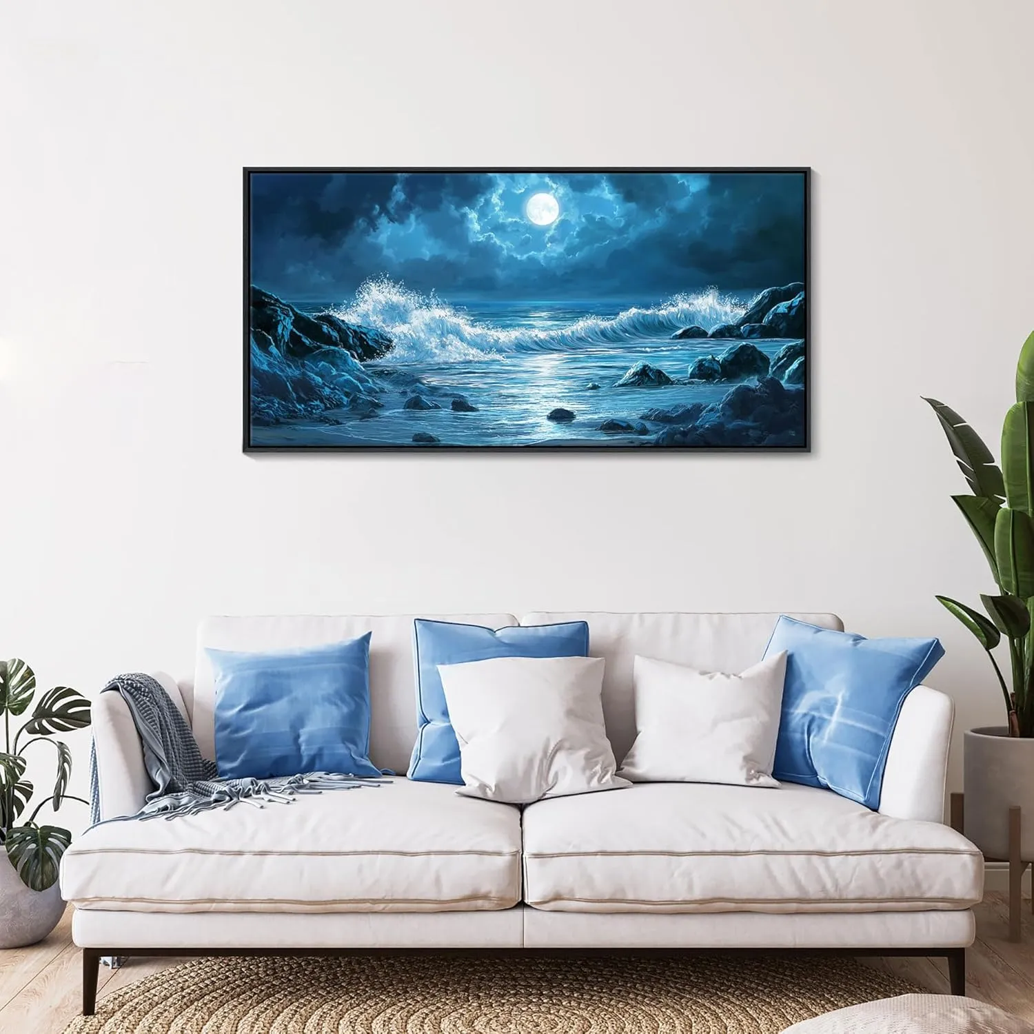 CHATYOUNG Dark Blue Ocean Waves Landscape Wall Art, Beach Moon Spectacular Night View Modern Canvas Wall Painting for Living Room Bedroom Office Black Framed Poster Print Decor 20x40 In