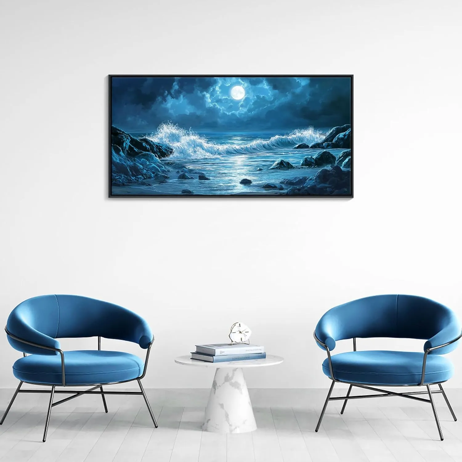 CHATYOUNG Dark Blue Ocean Waves Landscape Wall Art, Beach Moon Spectacular Night View Modern Canvas Wall Painting for Living Room Bedroom Office Black Framed Poster Print Decor 20x40 In