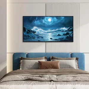 CHATYOUNG Dark Blue Ocean Waves Landscape Wall Art, Beach Moon Spectacular Night View Modern Canvas Wall Painting for Living Room Bedroom Office Black Framed Poster Print Decor 20x40 In