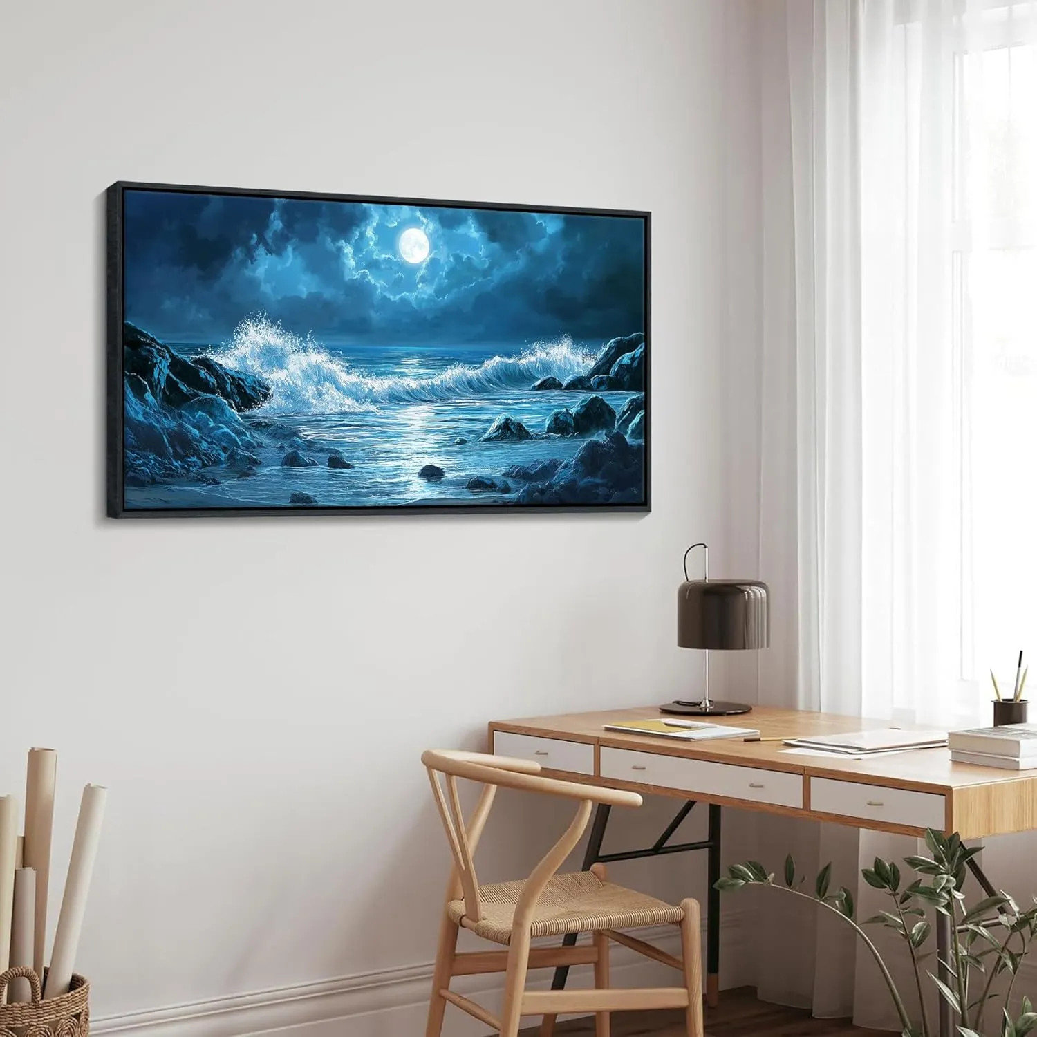 CHATYOUNG Dark Blue Ocean Waves Landscape Wall Art, Beach Moon Spectacular Night View Modern Canvas Wall Painting for Living Room Bedroom Office Black Framed Poster Print Decor 20x40 In