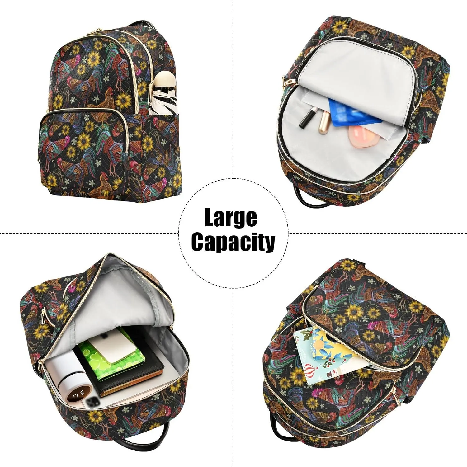 Chicken Rooster and Sunflowers Mini Backpack for Women, Travel Backpack Purse Daypack Shoulder Bag for Ladies