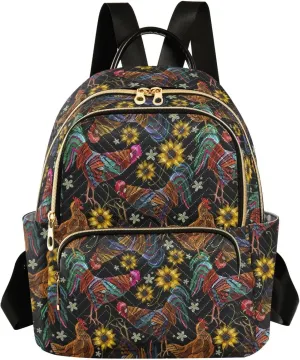 Chicken Rooster and Sunflowers Mini Backpack for Women, Travel Backpack Purse Daypack Shoulder Bag for Ladies