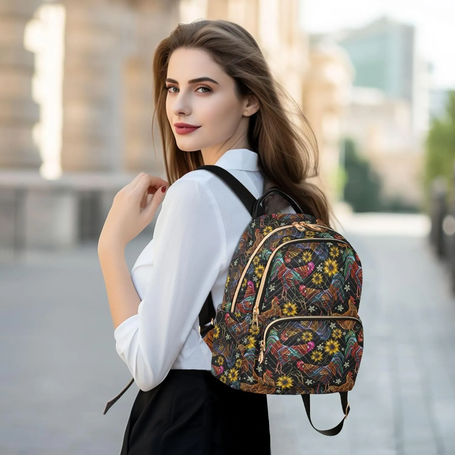 Chicken Rooster and Sunflowers Mini Backpack for Women, Travel Backpack Purse Daypack Shoulder Bag for Ladies