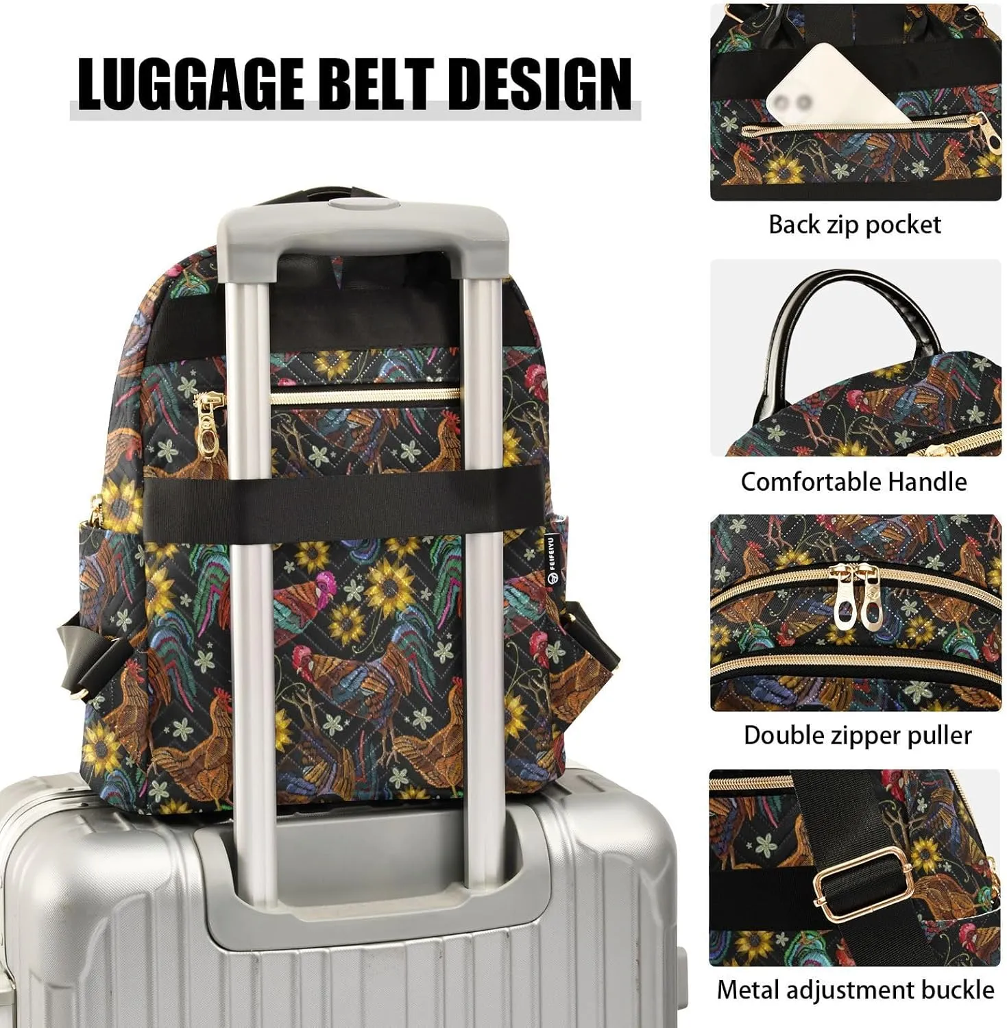 Chicken Rooster and Sunflowers Mini Backpack for Women, Travel Backpack Purse Daypack Shoulder Bag for Ladies