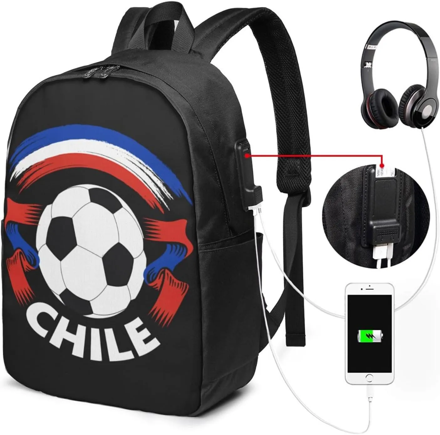 Chile Chilean Football Soccer Flag Laptop Backpacks Travel Backpack Casual Business Daypack Sport Rucksack Computer Bag Fits up to 17 Inch Notebook with USB Port