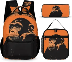 Chimpanzees Monkeys Chimps Apes Unisex 3 Pcs Backpack Combination Set 16 In Daypack Insulated Lunch Bag Portable Pencil Case