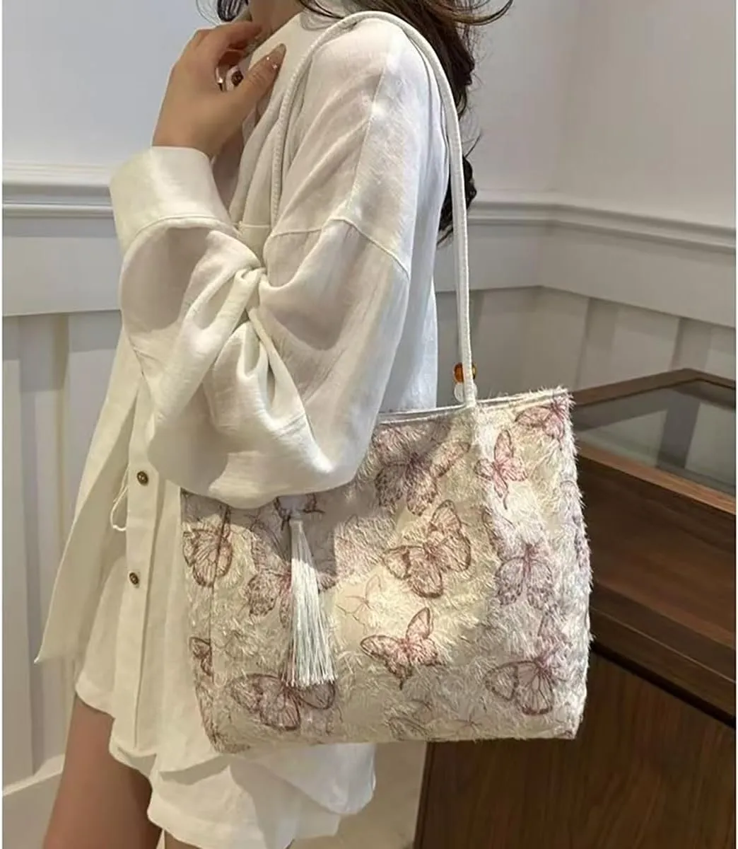 Chinese women's retro printed handbag, butterfly design large capacity shoulder bag, elegant temperament banquet gift
