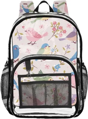 Clear Backpack for Boys Girls Cute Songbirds PVC Transparent School Bookbag Large Capacity Clear Bag for Student Work Travel