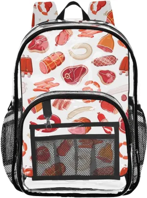 Clear Backpack for Boys Girls Pork Beef Sausages PVC Transparent School Bookbag Large Capacity Clear Bag for Student Work Travel