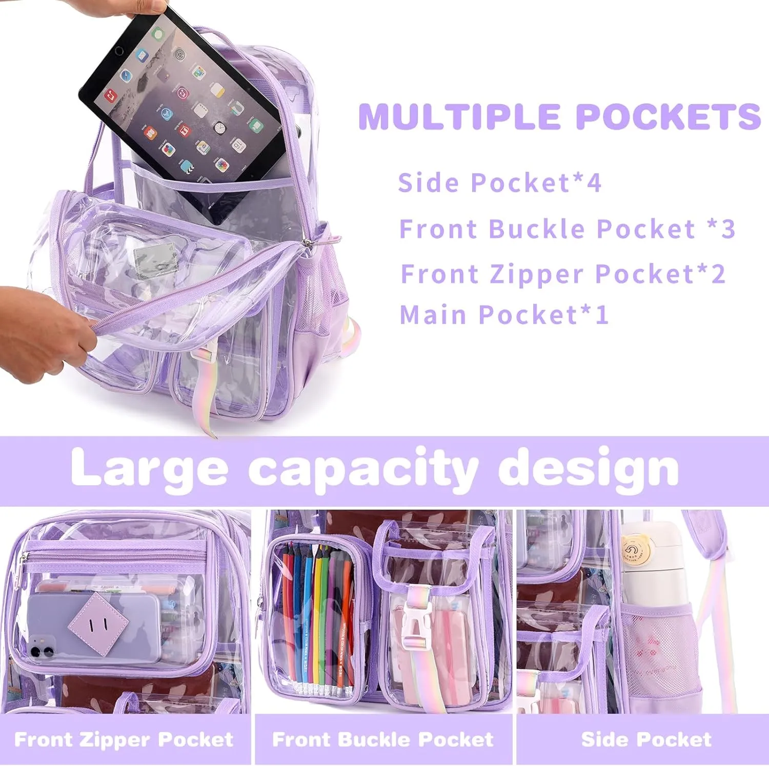 Clear Backpack for Girls Heavy Duty PVC,See Through School Backpack,Transparent Bookbag Travel Sports Events Concert Stadium (Purple)