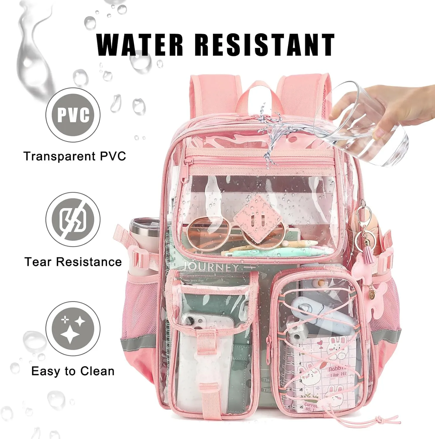 Clear Backpack for Girls Women, Heavy Duty Transparent School Backpack Bookbag with Giraffe Keychain (Pink)