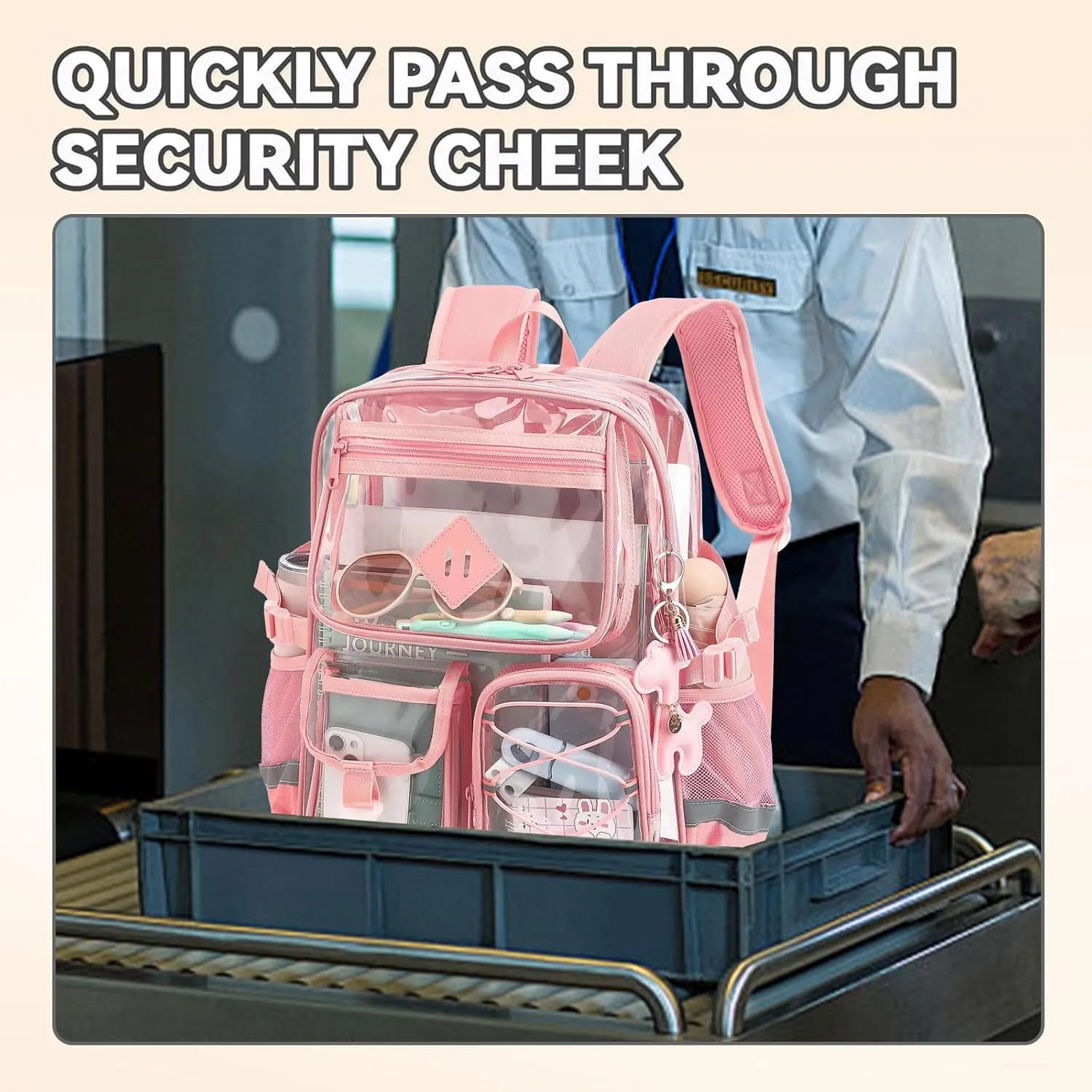 Clear Backpack for Girls Women, Heavy Duty Transparent School Backpack Bookbag with Giraffe Keychain (Pink)