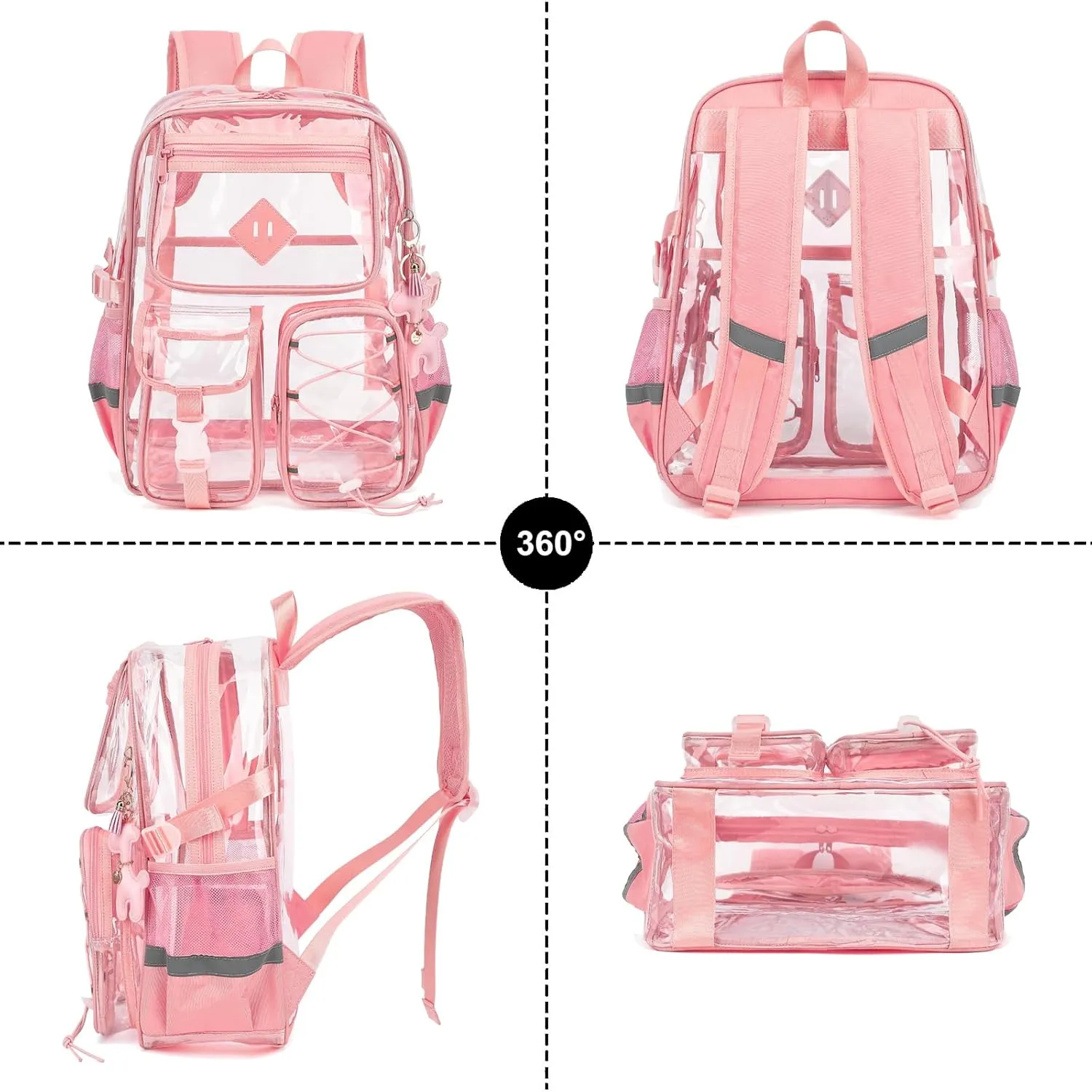 Clear Backpack for Girls Women, Heavy Duty Transparent School Backpack Bookbag with Giraffe Keychain (Pink)