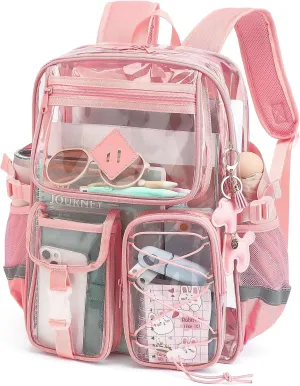 Clear Backpack for Girls Women, Heavy Duty Transparent School Backpack Bookbag with Giraffe Keychain (Pink)