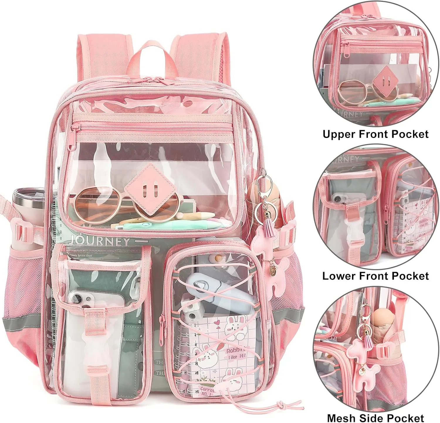 Clear Backpack for Girls Women, Heavy Duty Transparent School Backpack Bookbag with Giraffe Keychain (Pink)