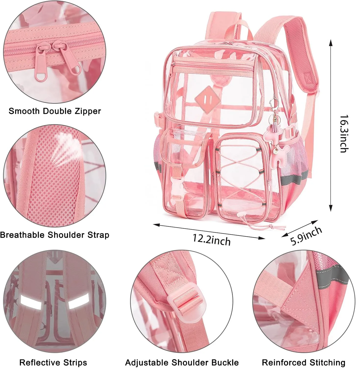 Clear Backpack for Girls Women, Heavy Duty Transparent School Backpack Bookbag with Giraffe Keychain (Pink)
