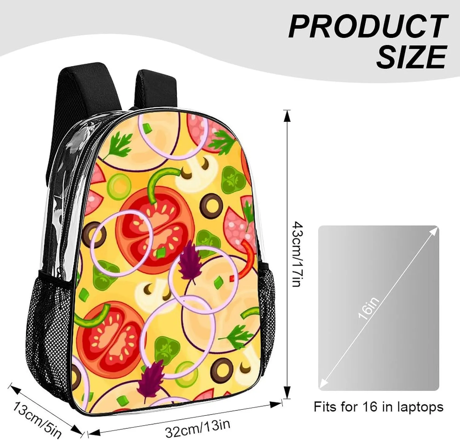 Clear Backpack Heavy Duty Cute Pizza Tomato 16 Inch for Stadium Events Concert Travel Work Sport Hiking Waterproof Sturdy Transparent Bag for Men Women