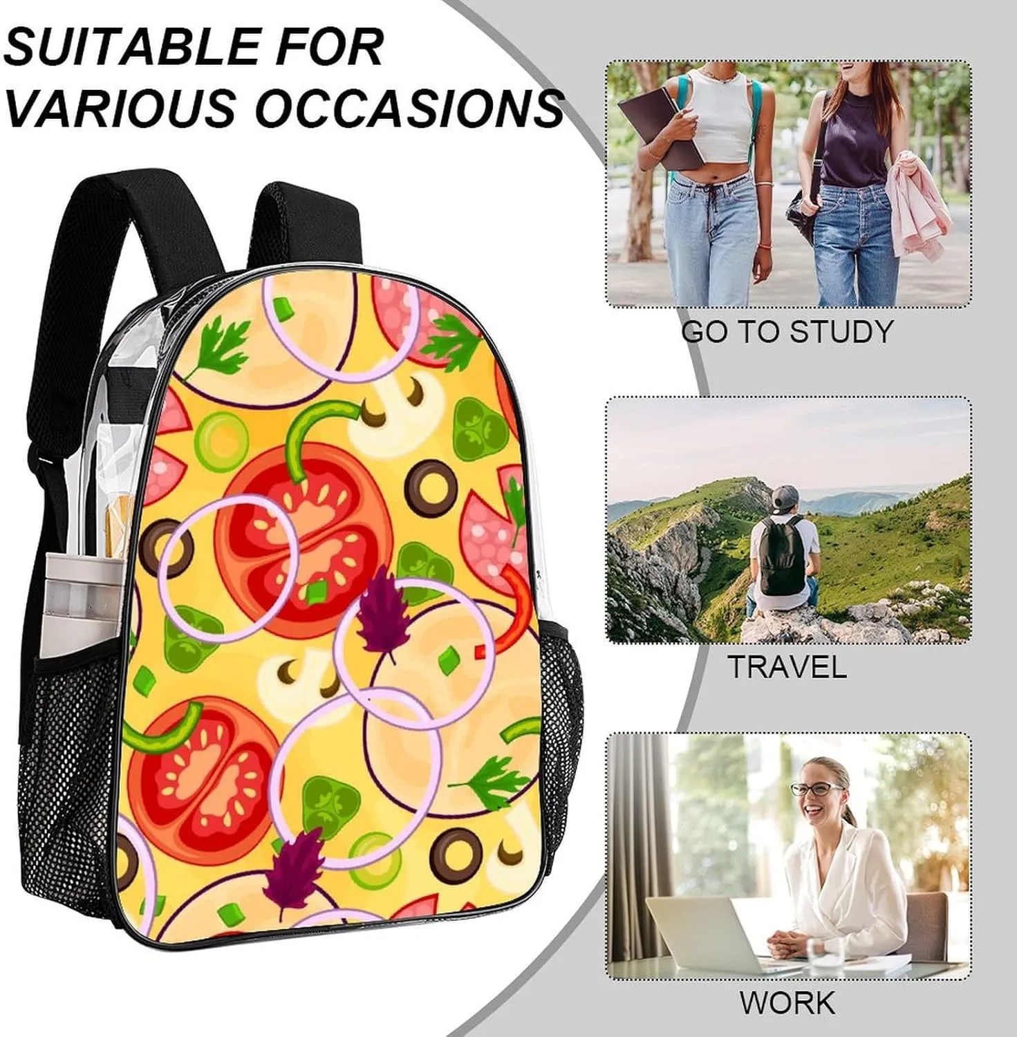 Clear Backpack Heavy Duty Cute Pizza Tomato 16 Inch for Stadium Events Concert Travel Work Sport Hiking Waterproof Sturdy Transparent Bag for Men Women