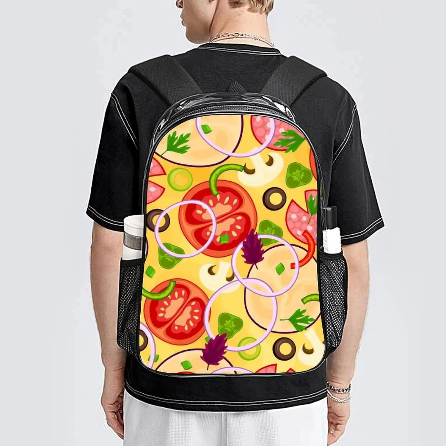 Clear Backpack Heavy Duty Cute Pizza Tomato 16 Inch for Stadium Events Concert Travel Work Sport Hiking Waterproof Sturdy Transparent Bag for Men Women