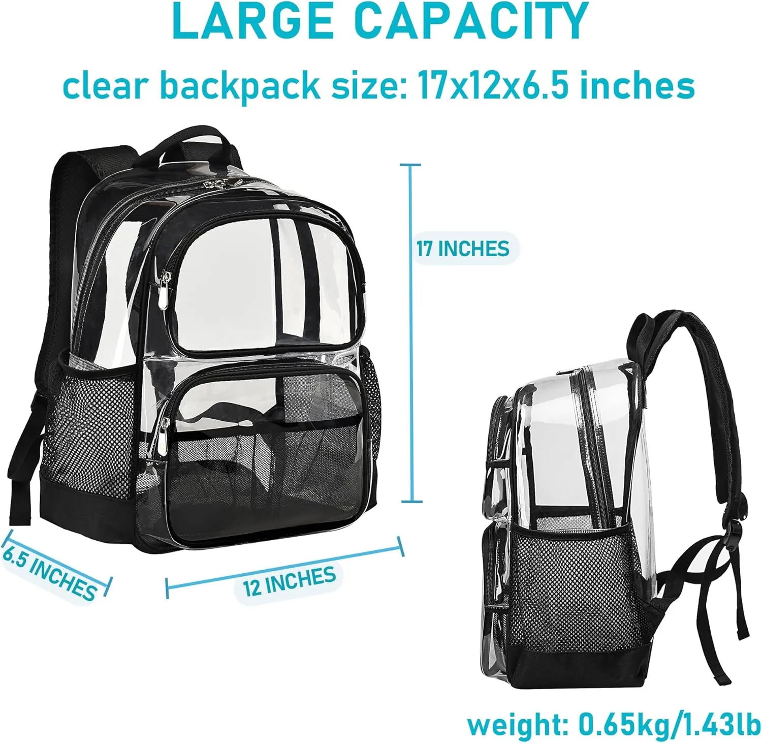 Clear Backpack Heavy Duty,17'' Transparent Bag See Through Backpack for College Work Travel Security,Light Purple