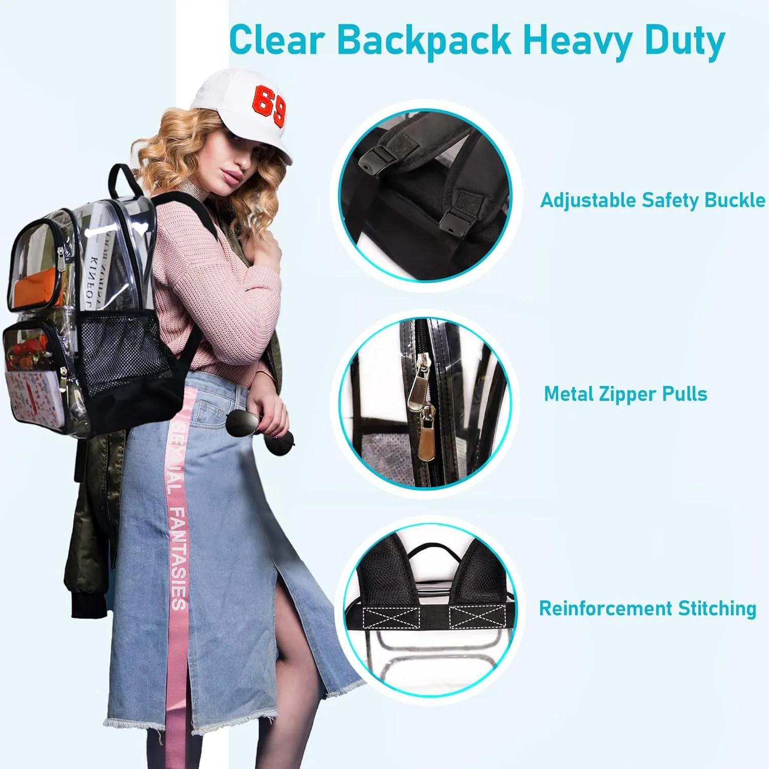 Clear Backpack Heavy Duty,17'' Transparent Bag See Through Backpack for College Work Travel Security,Light Purple