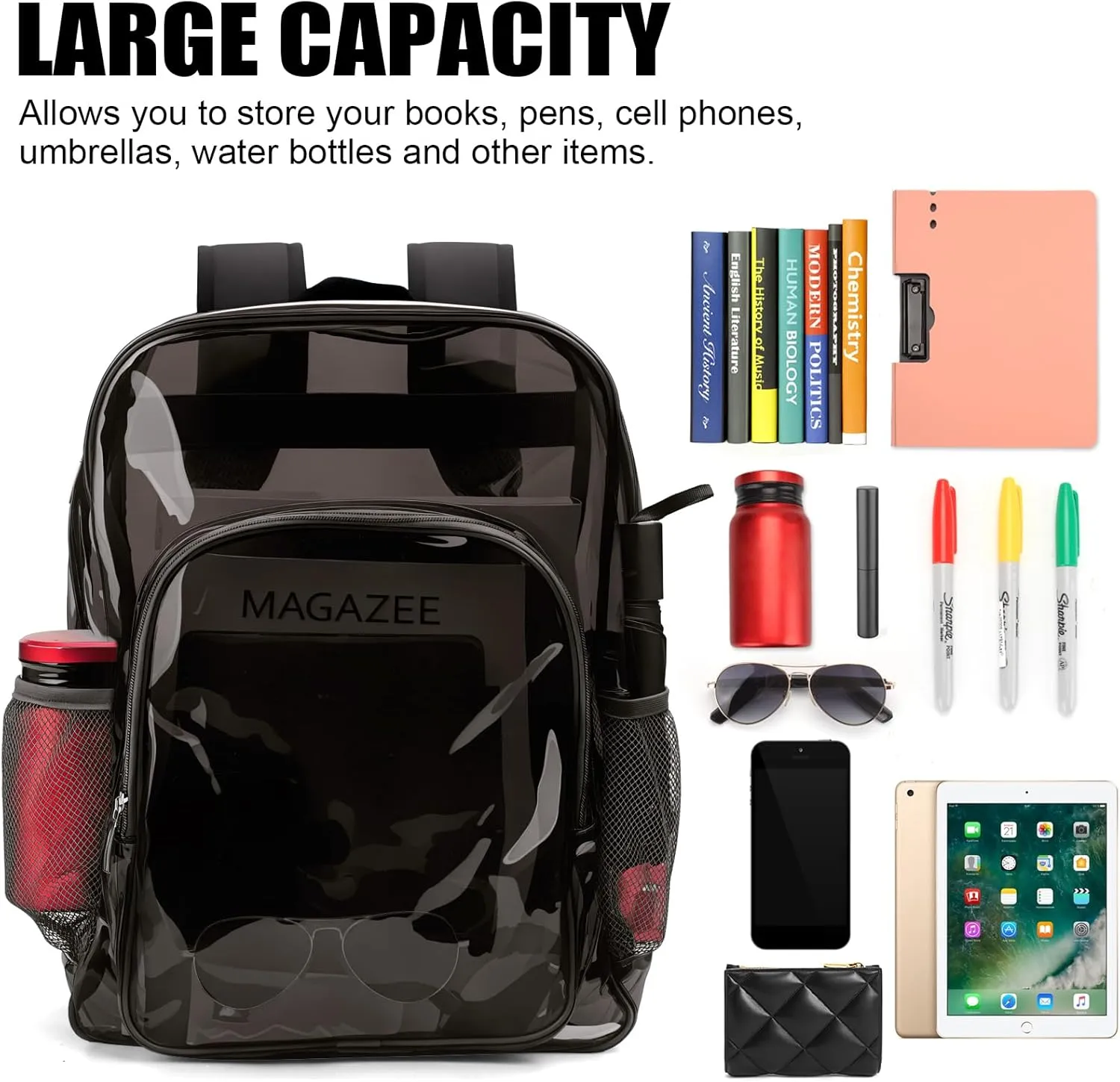 Clear Backpack School Bag Stadium Approved Heavy Duty Large PVC Laptop Transparent Backpack See Through for Sports, Work, Stadium, Security, Travel, College - H18''xW14''xD8“