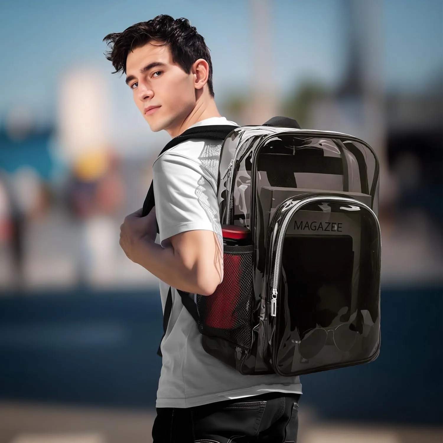 Clear Backpack School Bag Stadium Approved Heavy Duty Large PVC Laptop Transparent Backpack See Through for Sports, Work, Stadium, Security, Travel, College - H18''xW14''xD8“
