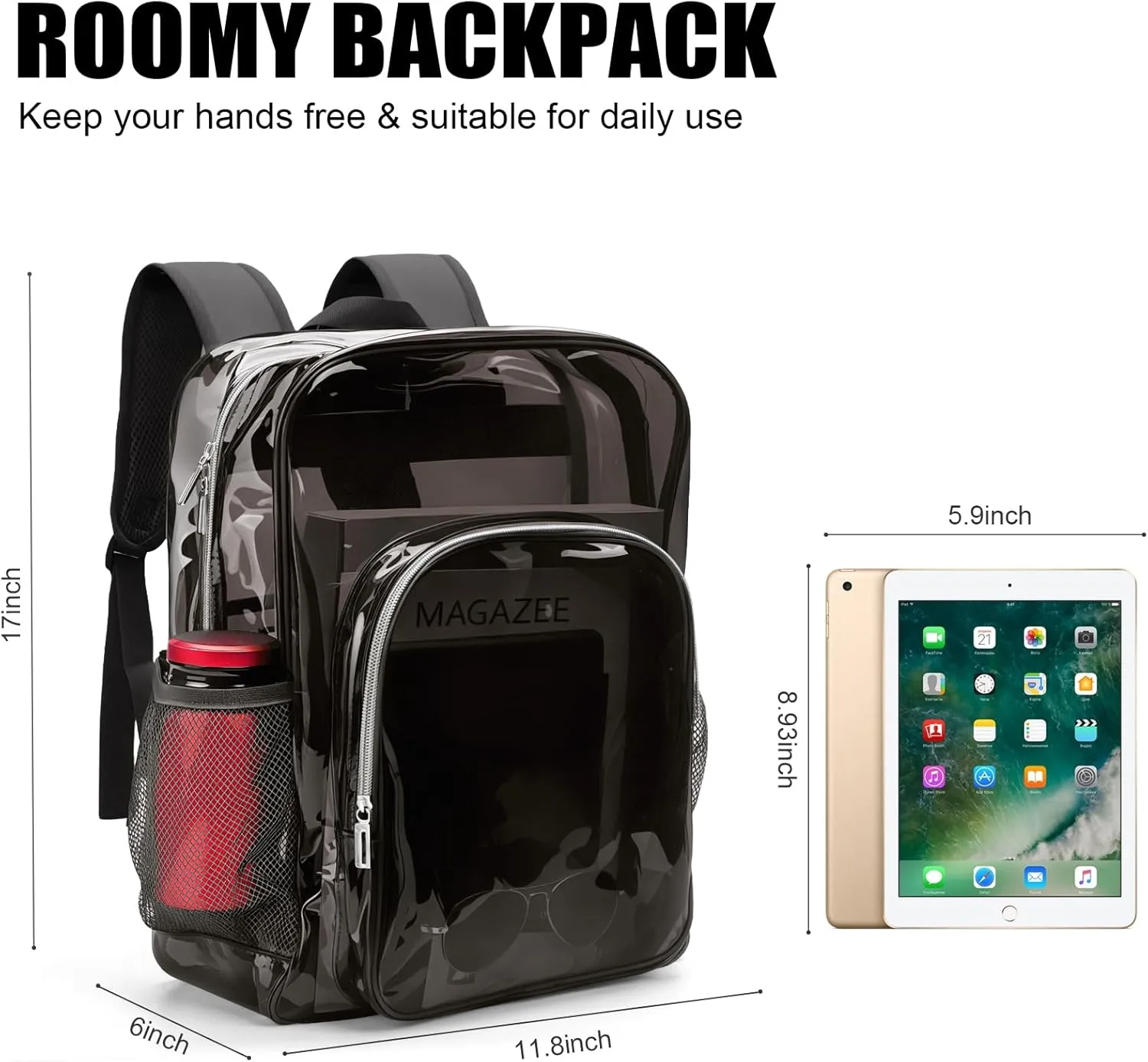 Clear Backpack School Bag Stadium Approved Heavy Duty Large PVC Laptop Transparent Backpack See Through for Sports, Work, Stadium, Security, Travel, College - H18''xW14''xD8“