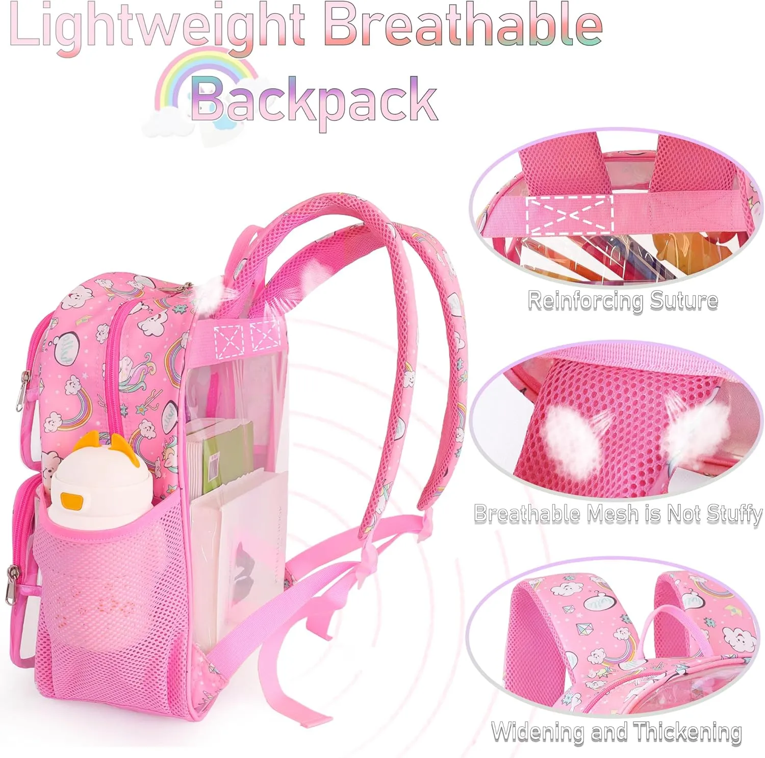 Clear Backpack,16'' Clear Backpack for Girls Heavy Duty School Backpacks See Through Bookbag for Kids 4 to 8,Pink Rainbow