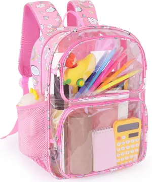 Clear Backpack,16'' Clear Backpack for Girls Heavy Duty School Backpacks See Through Bookbag for Kids 4 to 8,Pink Rainbow