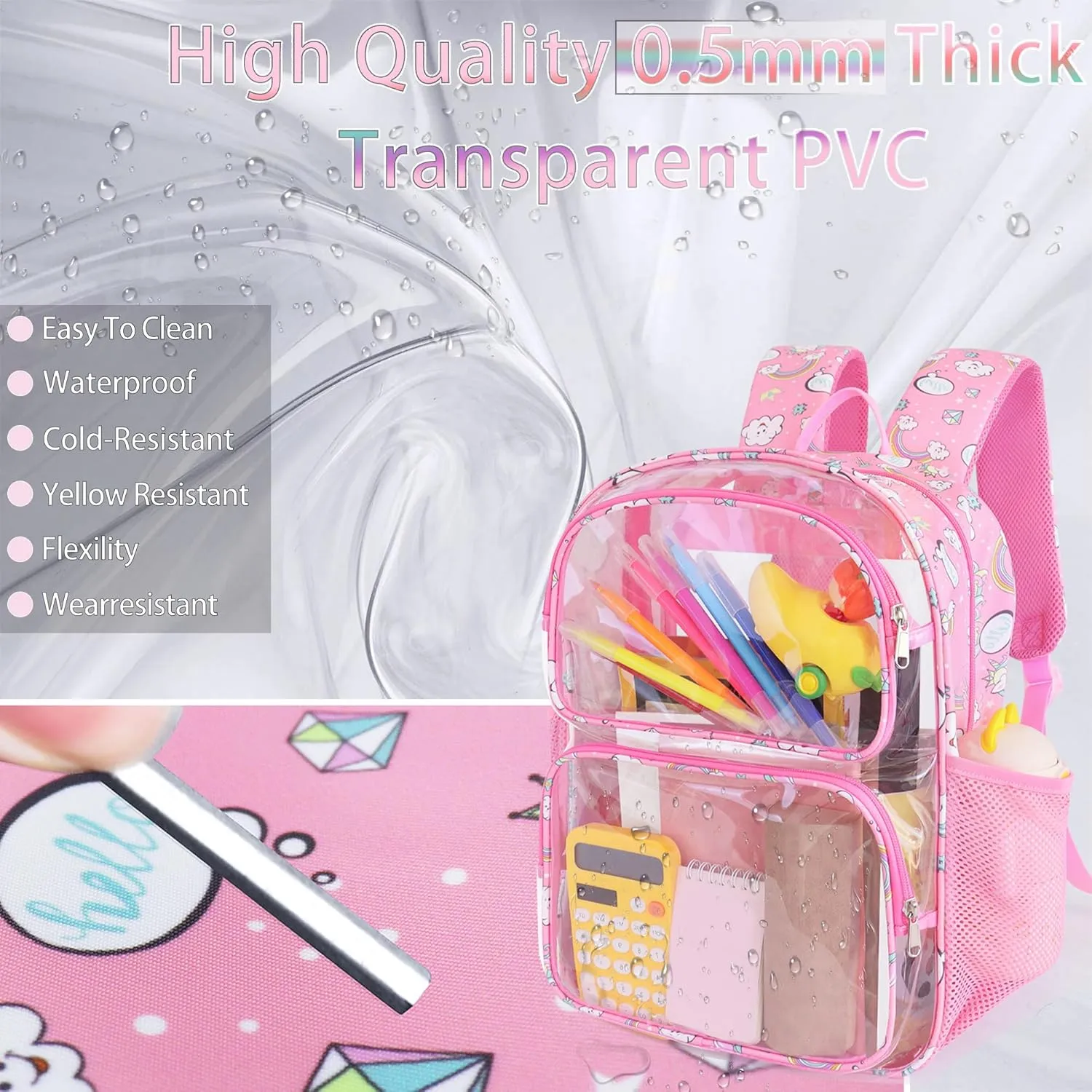 Clear Backpack,16'' Clear Backpack for Girls Heavy Duty School Backpacks See Through Bookbag for Kids 4 to 8,Pink Rainbow