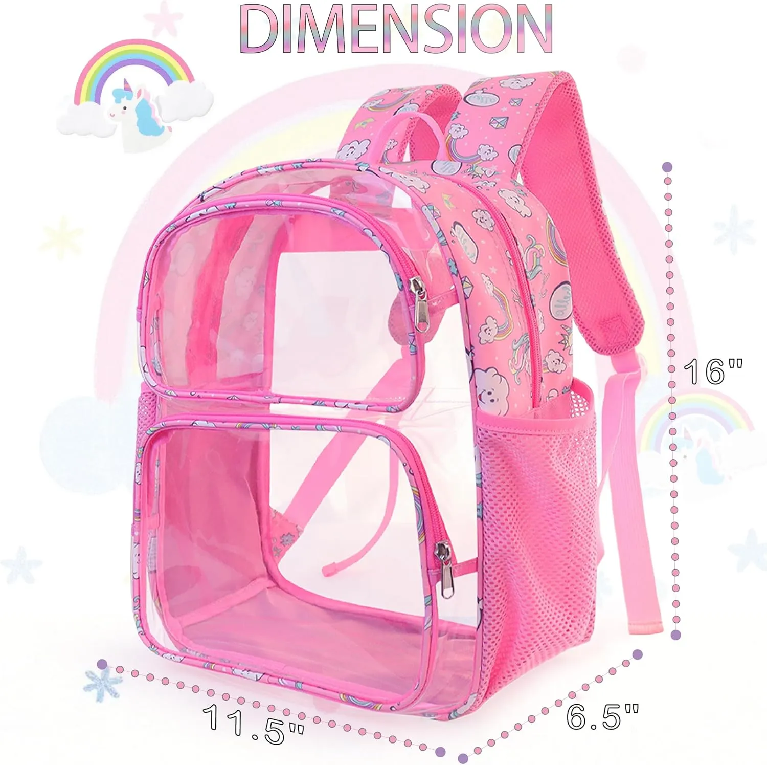 Clear Backpack,16'' Clear Backpack for Girls Heavy Duty School Backpacks See Through Bookbag for Kids 4 to 8,Pink Rainbow