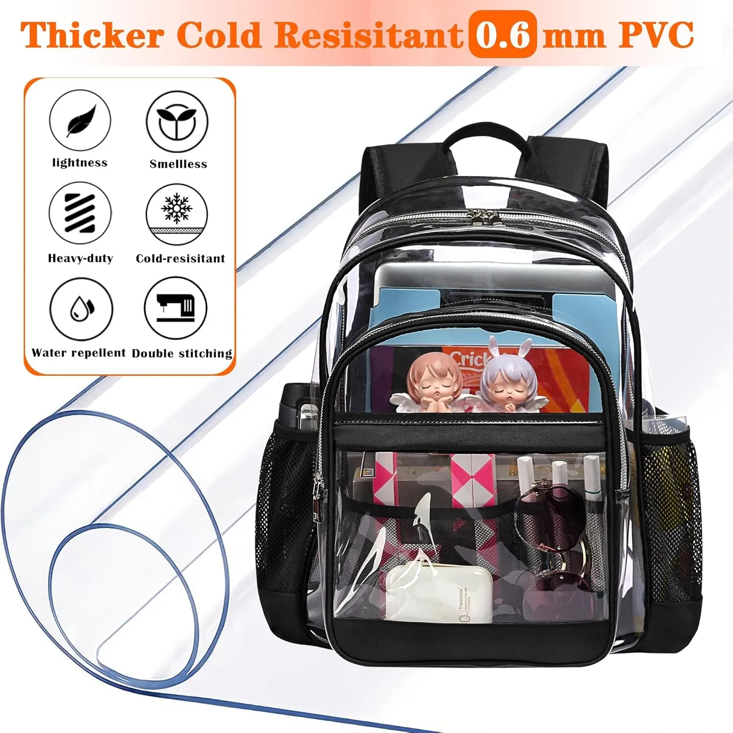 Clear Backpack,Heavy Duty Clear Bookbag See Through Backpack Large Clear Bag for School College Work Travel Security,Black