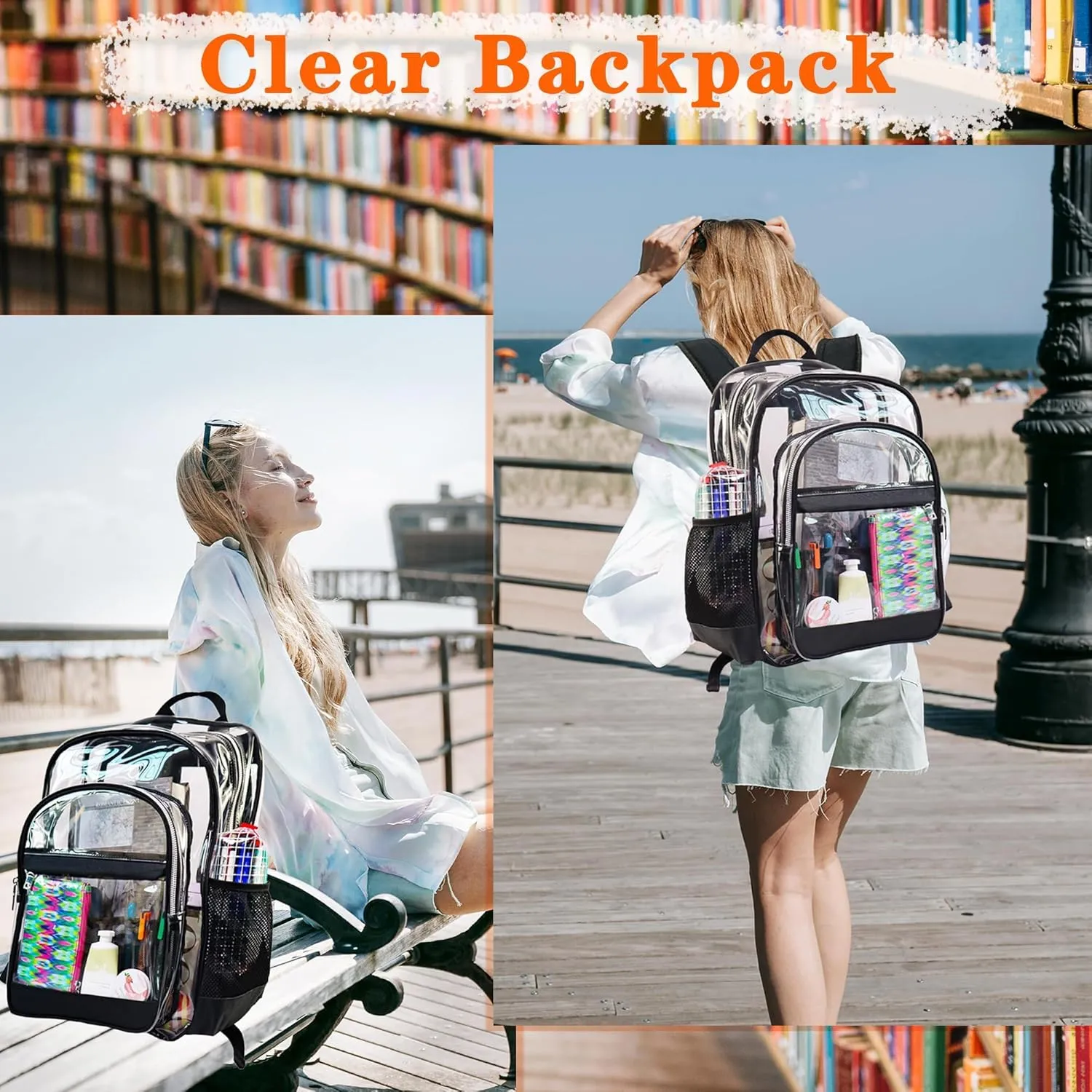 Clear Backpack,Heavy Duty Clear Bookbag See Through Backpack Large Clear Bag for School College Work Travel Security,Black