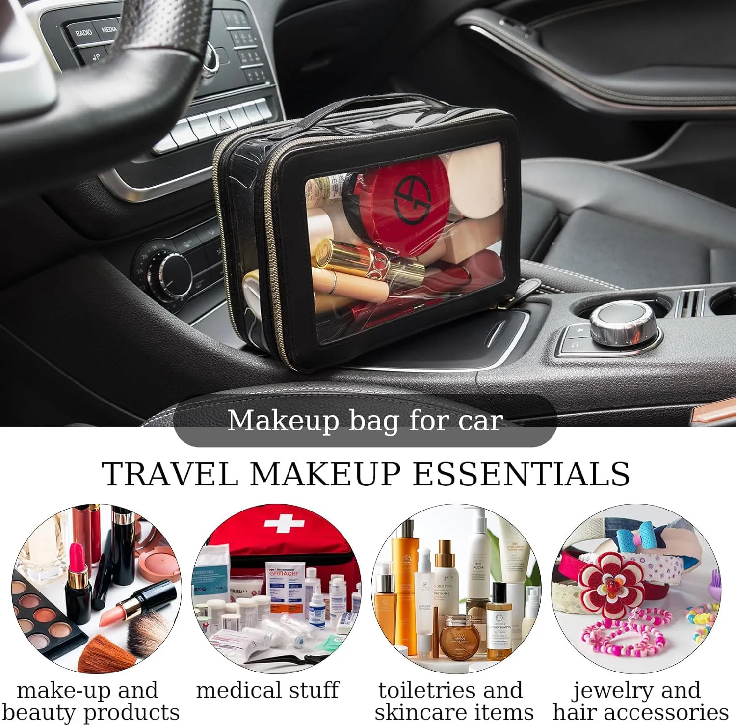 Clear Makeup Bag Double Layer Two Sided With Zipper Black Cosmetic large Make Up Case Compartments Brush Travel Leather Toiletry Women Beauty Organizer Transparent Waterproof Pouch