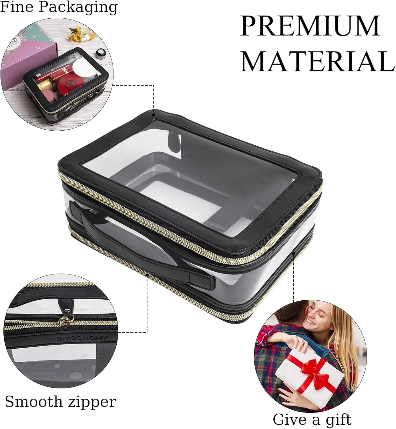 Clear Makeup Bag Double Layer Two Sided With Zipper Black Cosmetic large Make Up Case Compartments Brush Travel Leather Toiletry Women Beauty Organizer Transparent Waterproof Pouch