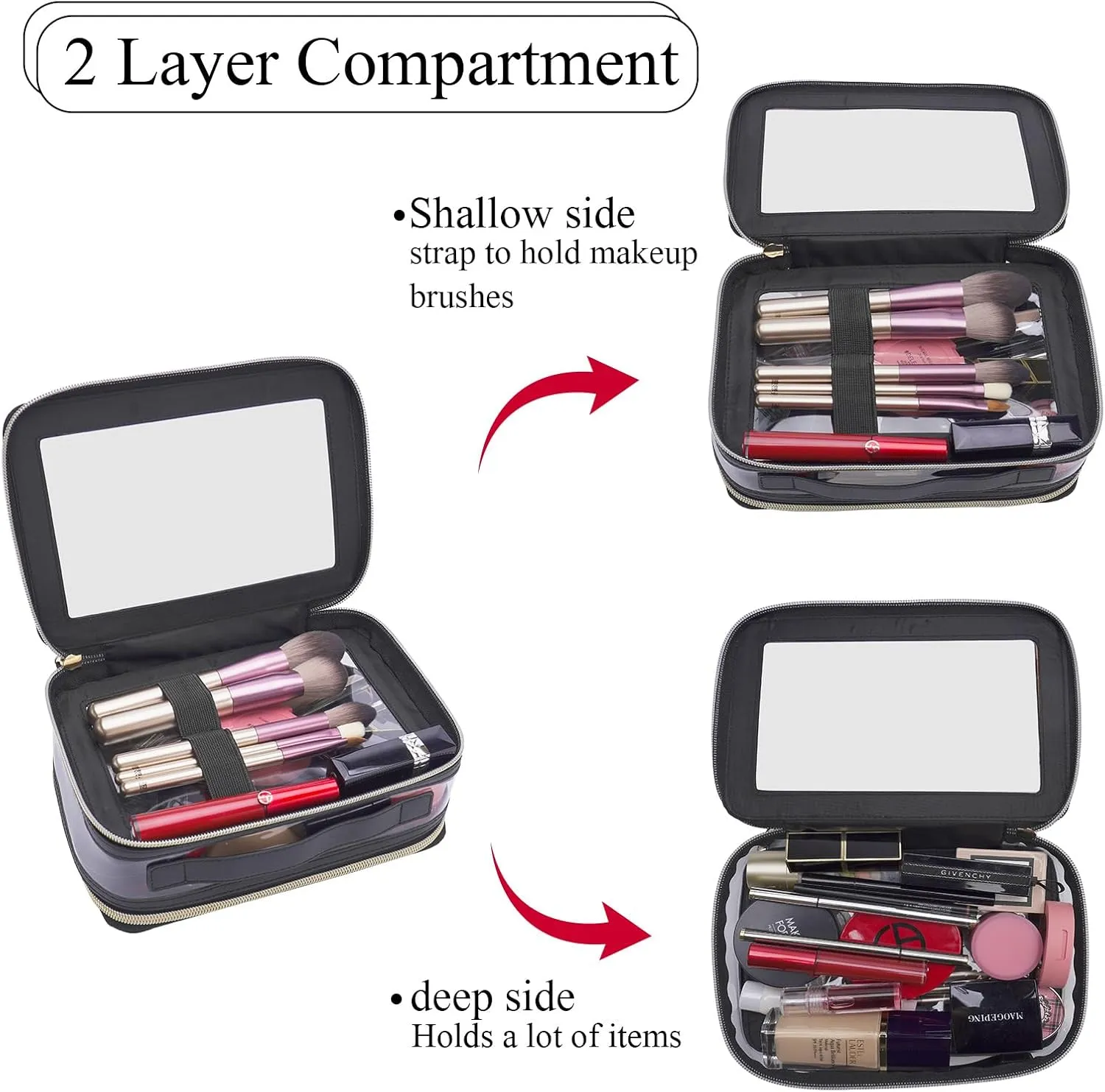 Clear Makeup Bag Double Layer Two Sided With Zipper Black Cosmetic large Make Up Case Compartments Brush Travel Leather Toiletry Women Beauty Organizer Transparent Waterproof Pouch